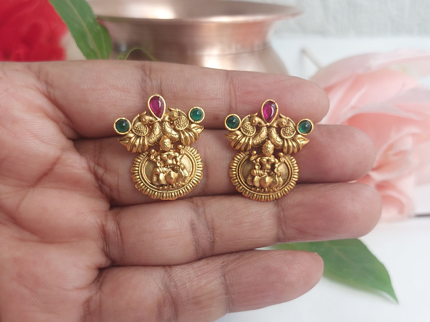 Lakshmi Devi studs in antique gold