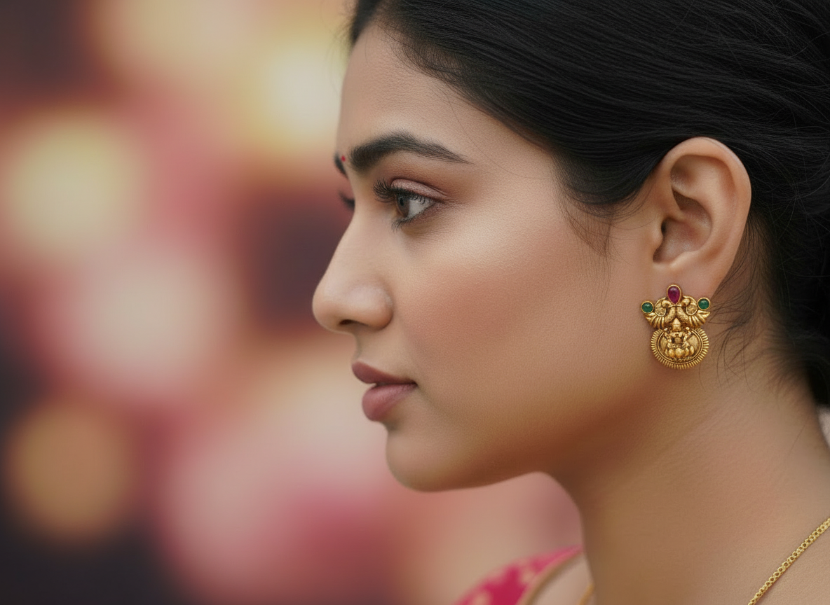 Lakshmi Devi studs in antique gold