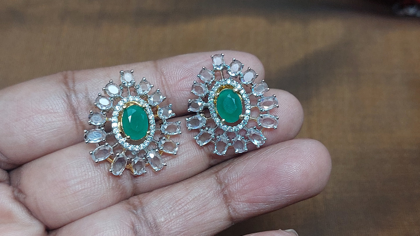 Drop shaped studs in Green and white glass stones