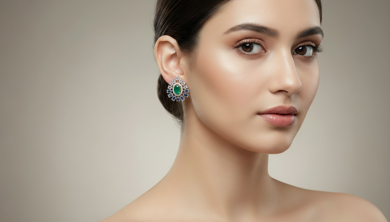 Drop shaped studs in Green and white glass stones