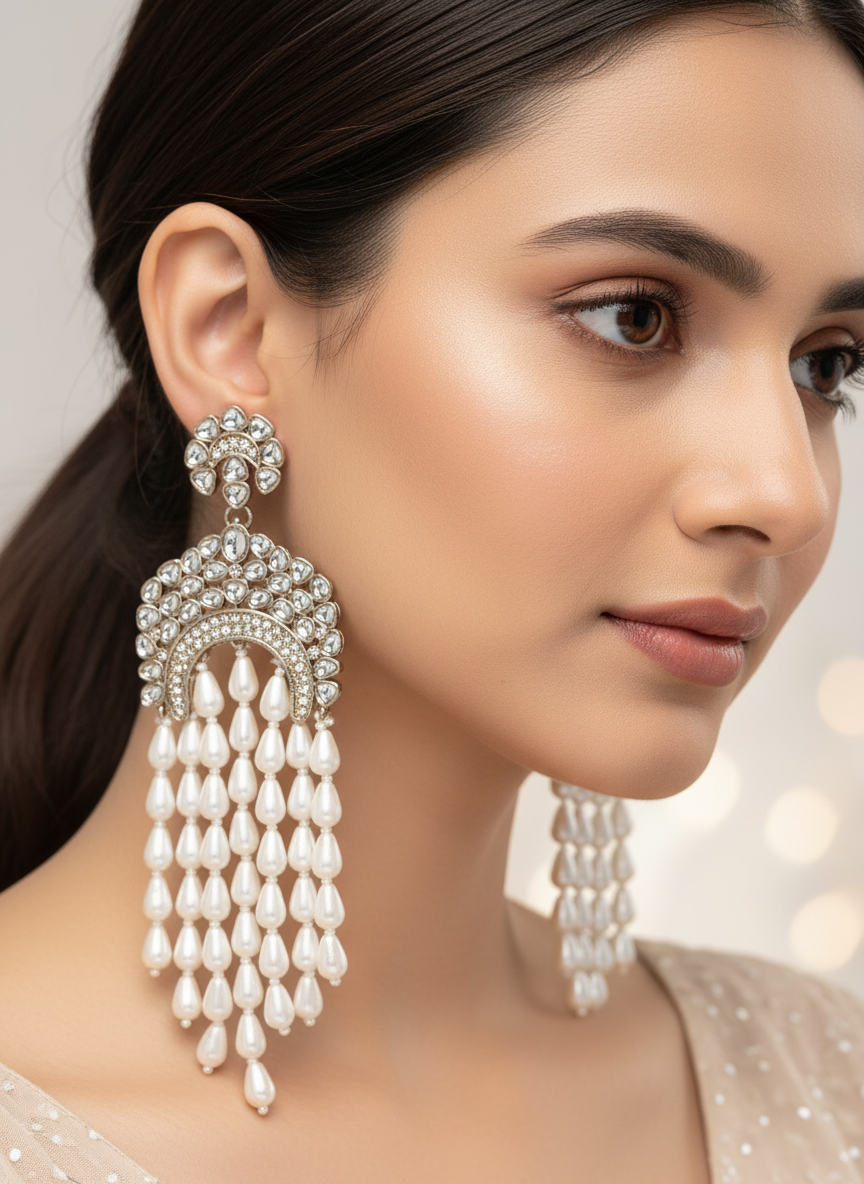 White Pearl & Kundan long earrings