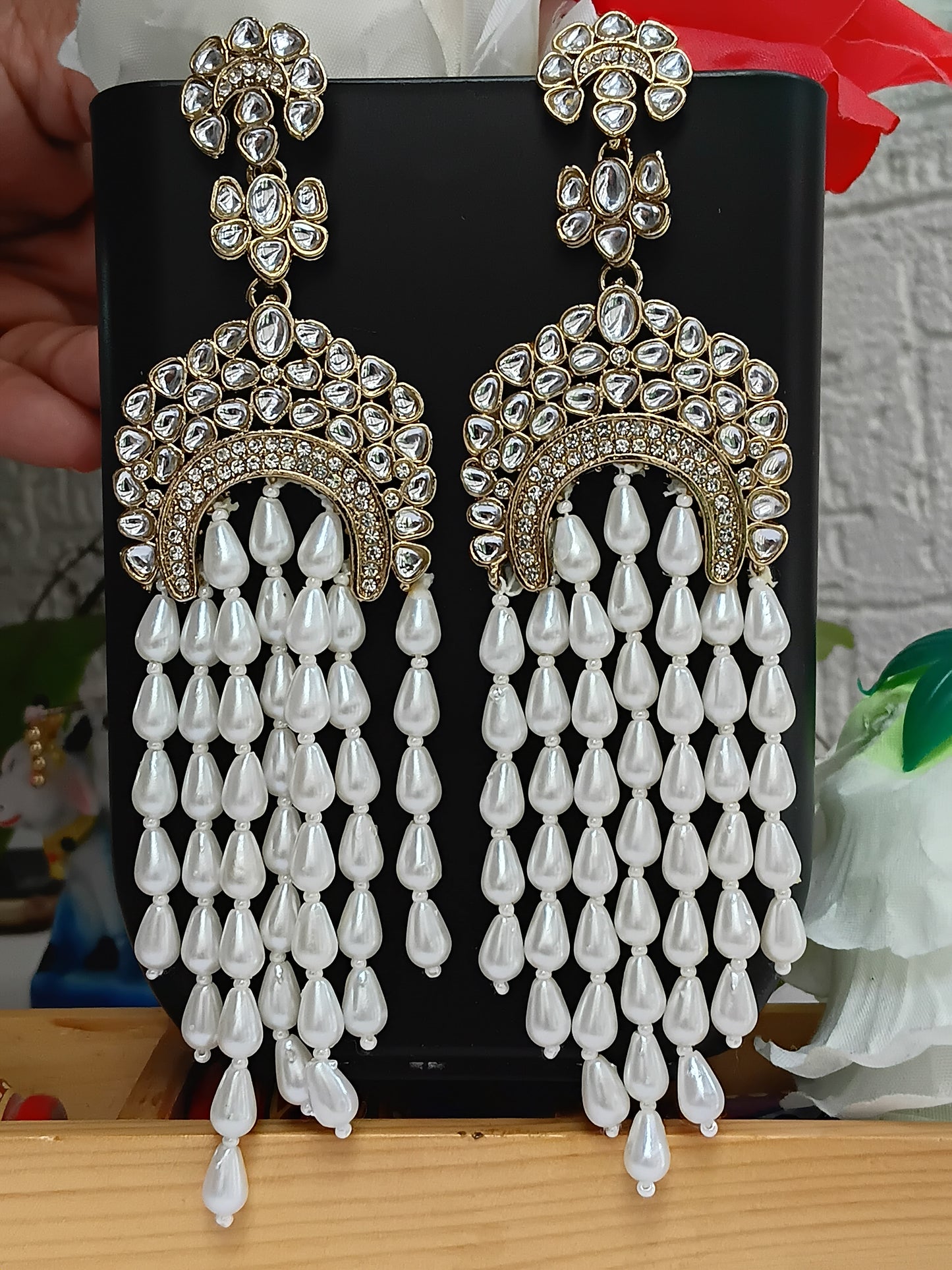 White Pearl & Kundan long earrings