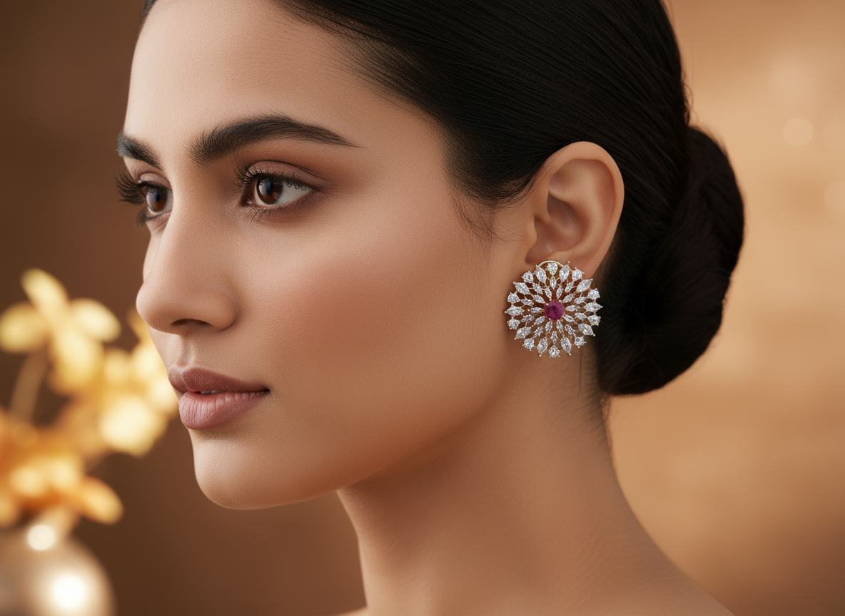 Floral design studs in red and white stones