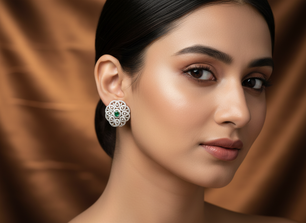 Floral design studs in green and white stones