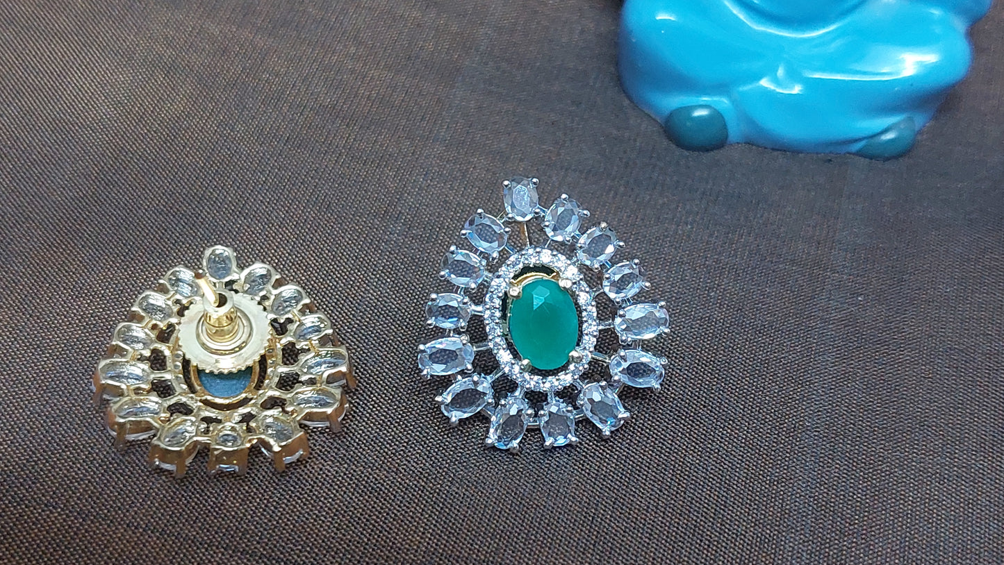 Drop shaped studs in Green and white glass stones