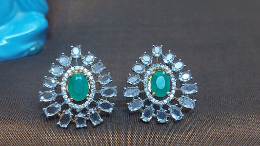 Drop shaped studs in Green and white glass stones