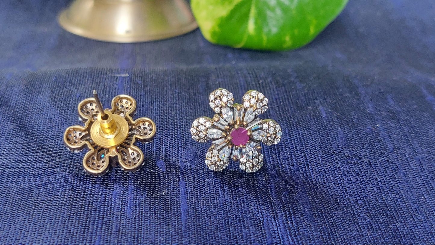 Floral studs in Red and white stones