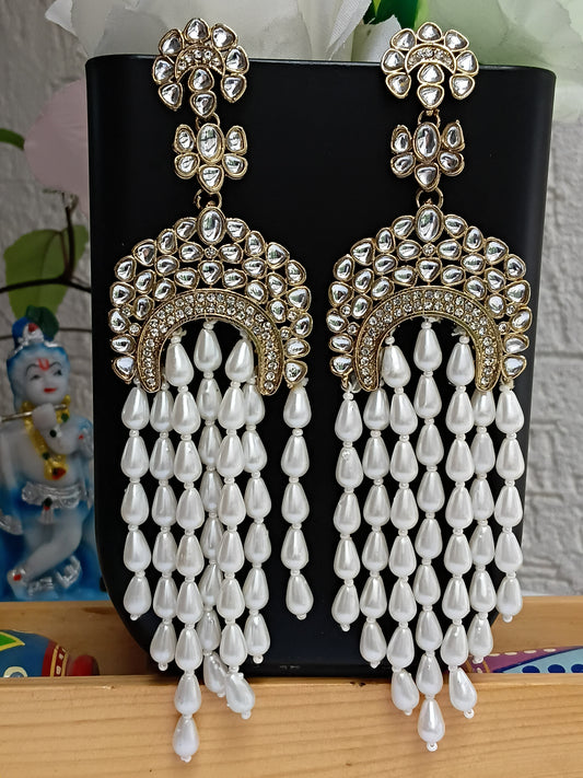 White Pearl & Kundan long earrings
